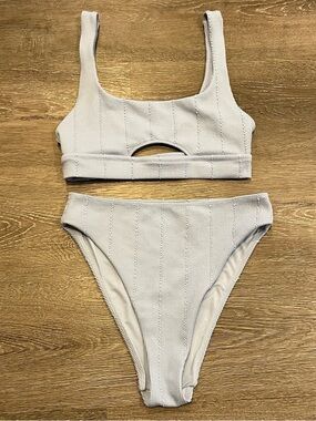 Aerie Light Blue Ribbed Scoop Top High Cut Cheeky Bottom Bikini Set Women’s S/M